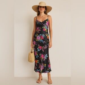 NWT black floral print cowl neck maxi satin slip dress L wedding guest vacation